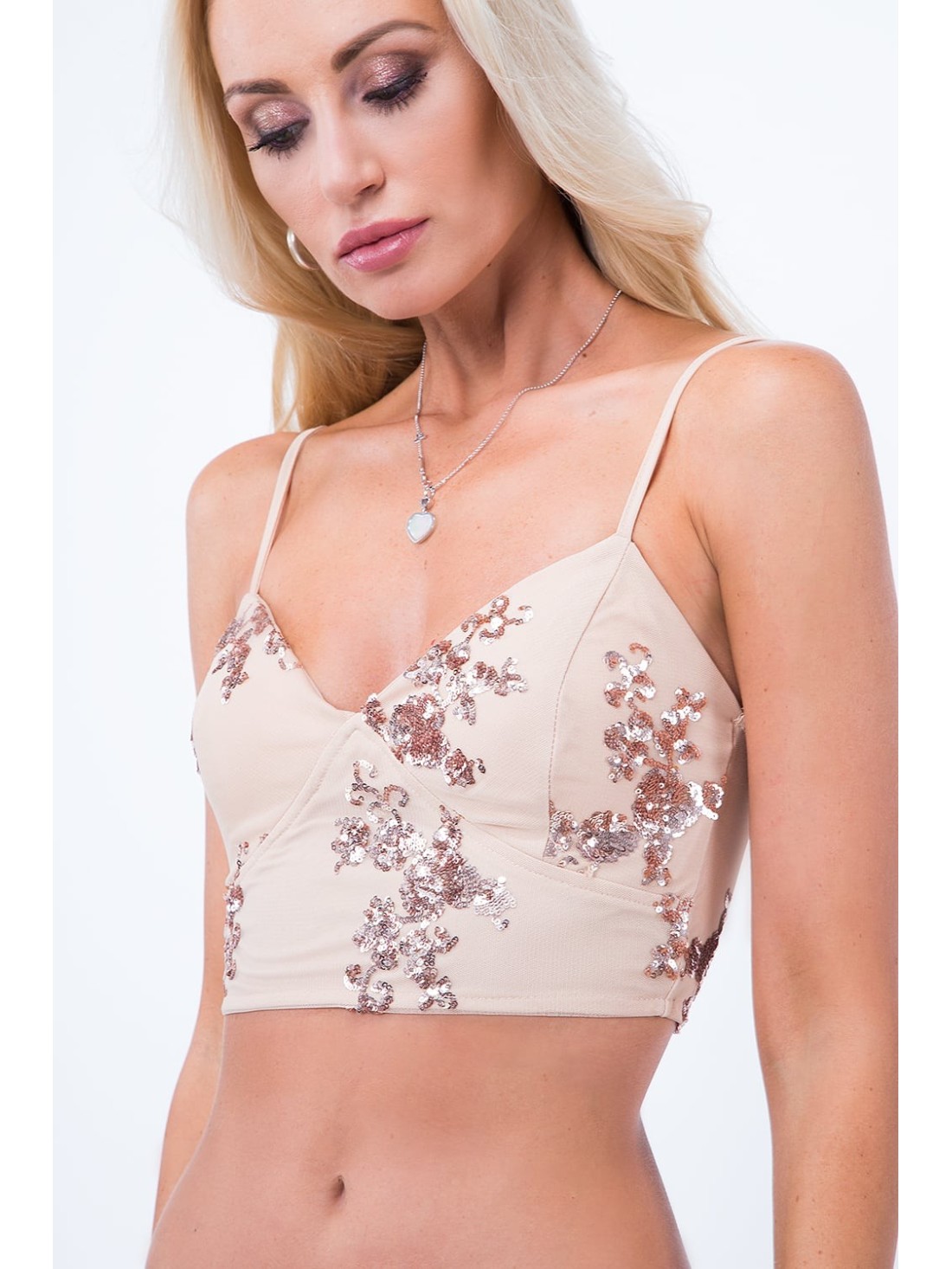 Beigefarbenes Crop-Top mit Pailletten ZZ279 – Online-Shop – Boutique